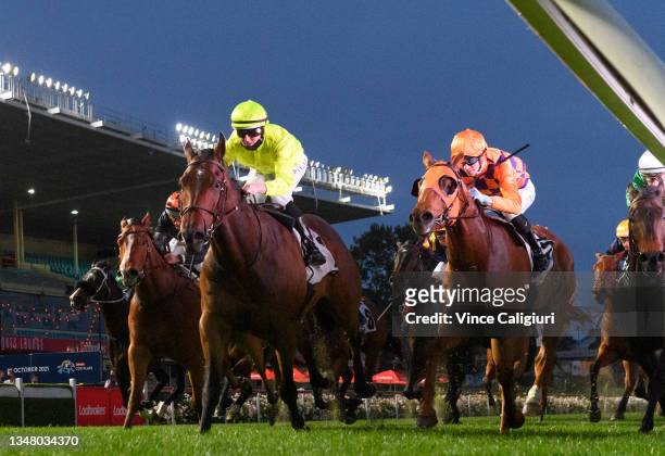 Damian Lane riding Exeter winning race 6, the Seppelt Wines Country Cup Final, during Melbourne Racing on Manikato Stakes Night at Moonee Valley...