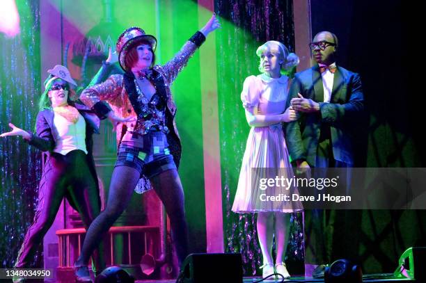 Suzie McAdam, Hayley Flaherty and Ore Oduba during the "Rocky Horror Show" at The Peacock Theatre on October 21, 2021 in London, England.