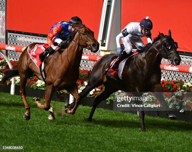 Daniel Moor riding Jonker winning Race 7, the Ladbrokes Manikato Stakes during Melbourne Racing on Manikato Stakes Night at Moonee Valley Racecourse...