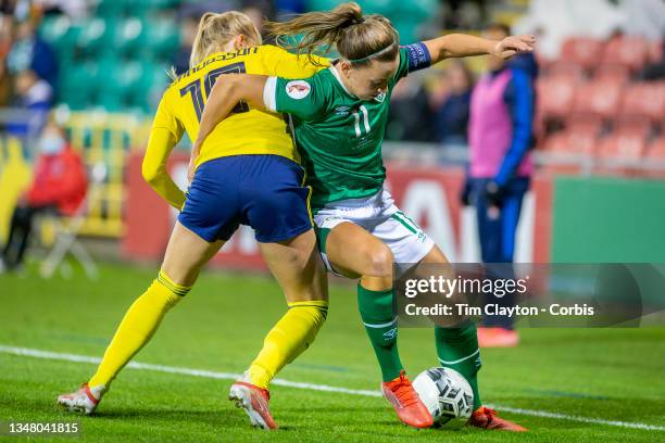 October 21: Katie McCabe of Republic of Ireland is defended by Sofia Jakobsson of Sweden during the Republic of Ireland V Sweden FIFA World Cup...