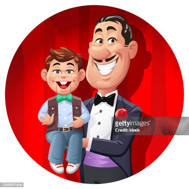 ventriloquist with dummy in front of red curtain - ventriloquist stock illustrations