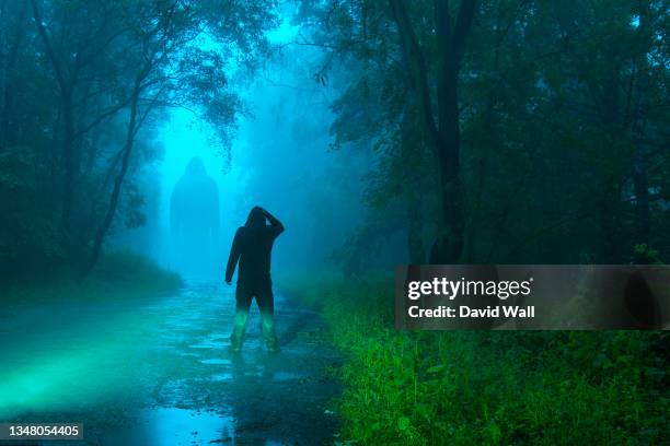 a dark scary concept. of a man looking at a mysterious bigfoot monster, standing in a forest. at night - bigfoot stock pictures, royalty-free photos & images