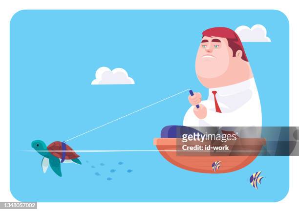 fat man in boat with sea turtle - slow stock illustrations