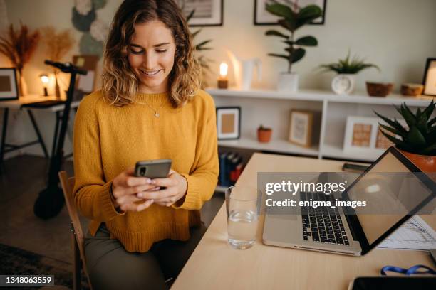 young woman in a home office - email marketing stock pictures, royalty-free photos & images