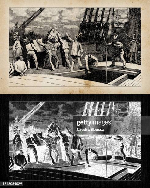 antique engraving illustration: raid on tea-ships in boston harbour - boston harbor stock illustrations
