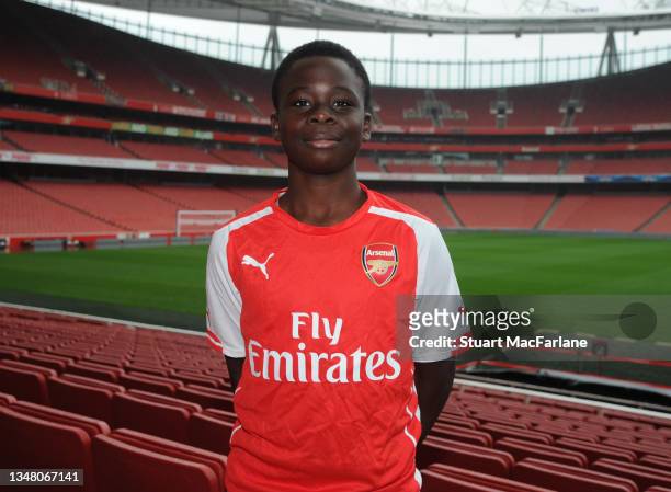 Bukayo Saka of Arsenal during the Arsenal Academy photoshoot at Emirate Stadium on August 25, 2014 in London, England.