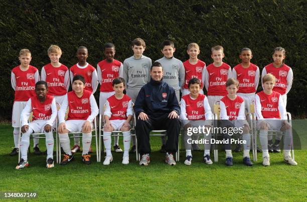 Emile Smith Rowe , Josh Benson and Reiss Nelson and Daniel Ballard with the Arsenal Academy U12s at Arsenal Academy Hale End on March 11th, 2012 in...