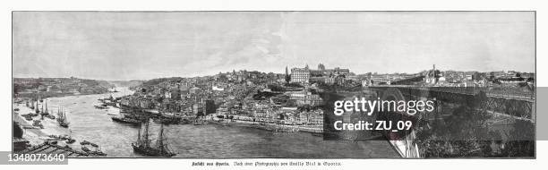 panoramic view of porto, portugal, wood engraving, published in 1897 - the douro valley stock illustrations