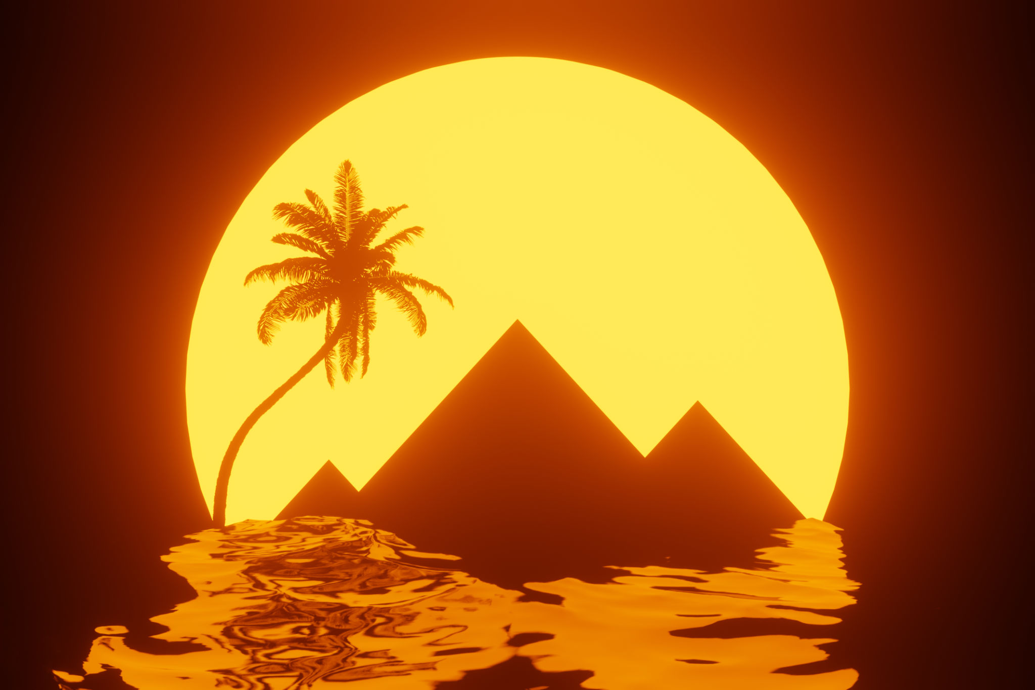 Travel to Egypt Concept. 80s Styled landscape with Pyramids, Palm, Sun and Red Sea. 3d Rendering Travel to Egypt Concept. 80s Styled landscape with Pyramids, Palm, Sun and Red Sea. 3d Rendering