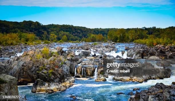 panorama view of great falls on the potomac river at great falls park virginia - potomac river stock pictures, royalty-free photos & images