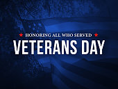 Veterans Day - Honoring All Who Served Holiday Card with Waving American Flag Over Dark Blue Background