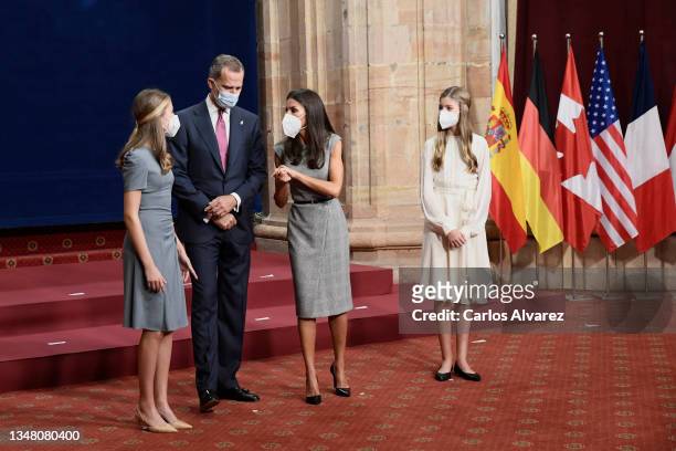 King Felipe VI of Spain, Queen Letizia of Spain, Crown Princess Leonor of Spain and Princess Sofia of Spain attend an audience to congratulate the...