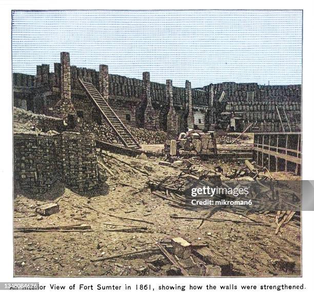 engraving illustration of an interior view of fort sumter in 1861, showing how the walls were strengthened - fort sumter stock pictures, royalty-free photos & images