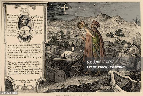 Colorized image features, at left, a text panel and inset portrait of poet Dante Alighieri and, at right, an illustration of Amerigo Vespucci holding...