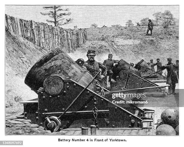 old engraved illustration of battery number 4 in front of  yorktown - confederate battle stock pictures, royalty-free photos & images