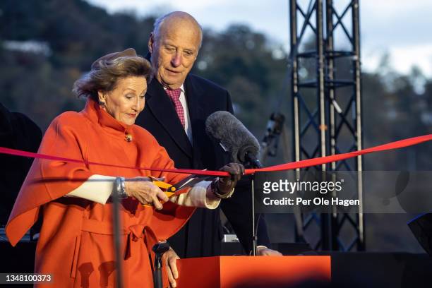 Their Royal Majesties Queen Sonja and King Harald cut the ribbon at the official opening of the MUNCH museum on October 22, 2021 in Oslo, Norway.