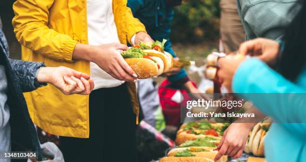 large group of friends is preparing hotdogs for outdoors weekend picnic - bbq sandwich stockfoto's en -beelden