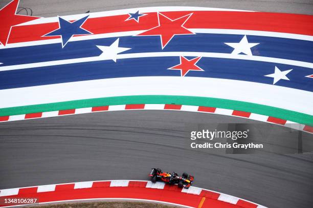 Max Verstappen of the Netherlands driving the Red Bull Racing RB16B Honda during practice ahead of the F1 Grand Prix of USA at Circuit of The...