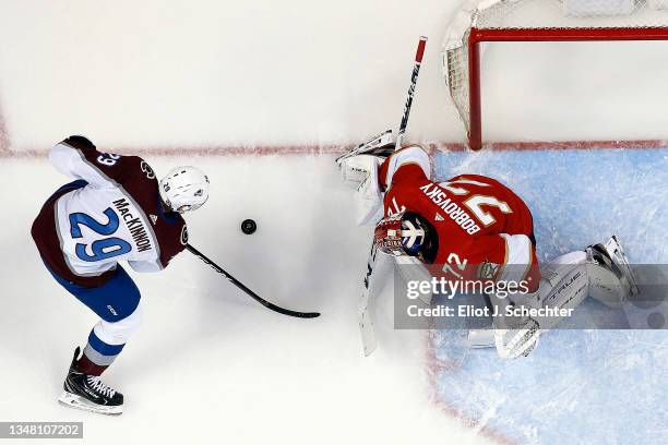 Goaltender Sergei Bobrovsky of the Florida Panthers defends the net against Nathan MacKinnon of the Colorado Avalanche at the FLA Live Arena on...