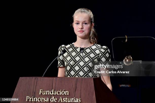 Crown Princess Leonor of Spain makes a speech during the Princesa de Asturias Awards 2021 ceremony at the Campoamor Theater on October 22, 2021 in...