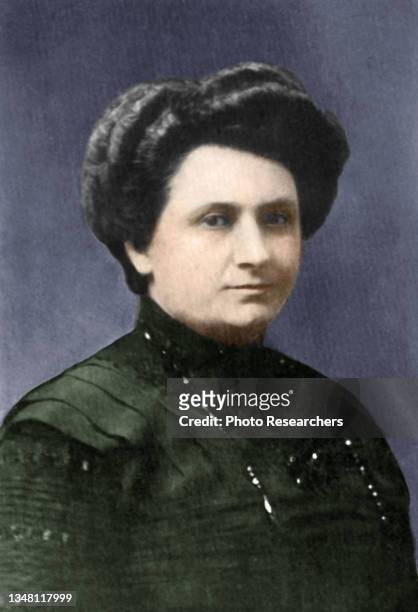 Colorized photograph depicts Italian physician and educator Maria Montessori , circa 1910.