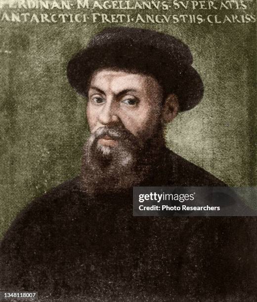 Colorized illustration depicts Portuguese explorer Ferdinand Magellan , circa 16th century.