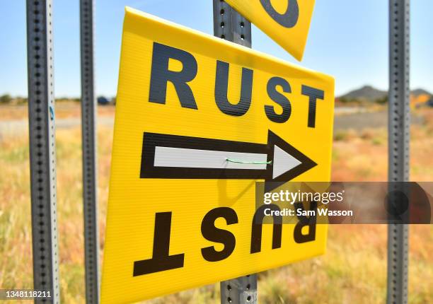 Sign directs people to the road that leads to the Bonanza Creek Ranch where the movie "Rust" is being filmed on October 22, 2021 in Santa Fe, New...