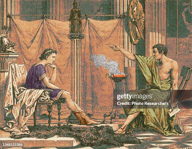 Colorized illustration depicts Alexander the Great as he is taught by Aristotle .