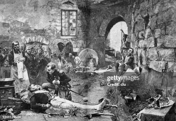 injured soldier in a peasant stable, marschall lannes in essling - amputee stock illustrations