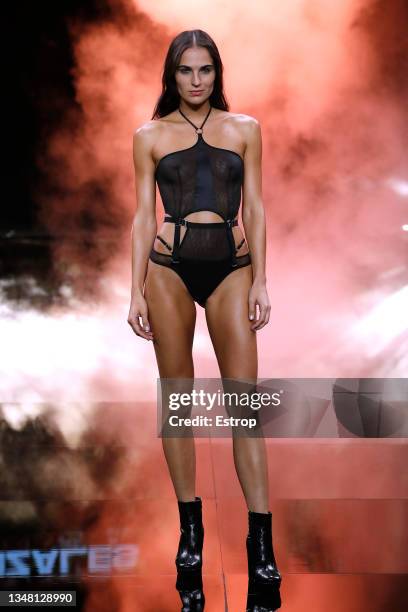 Model walks the runway during the Gonzales Fashion show during the Gran Canaria Moda Calida Swimwear on October 22, 2021 in Las Palmas de Gran...