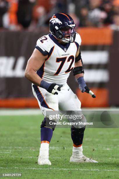 Garett Bolles of the Denver Broncos plays against the Cleveland Browns at FirstEnergy Stadium on October 21, 2021 in Cleveland, Ohio.