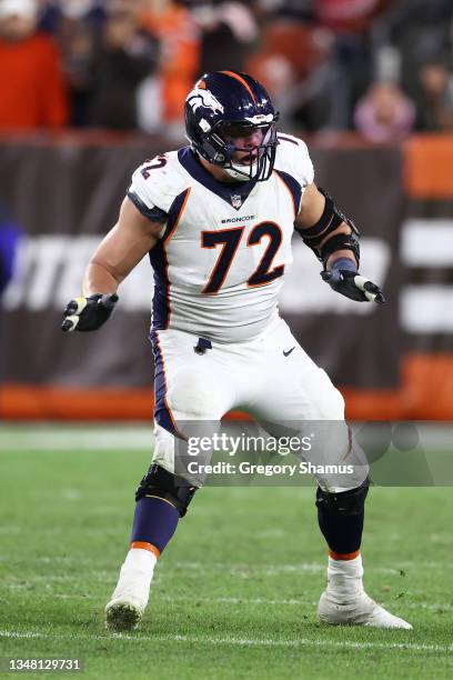 Garett Bolles of the Denver Broncos plays against the Cleveland Browns at FirstEnergy Stadium on October 21, 2021 in Cleveland, Ohio.