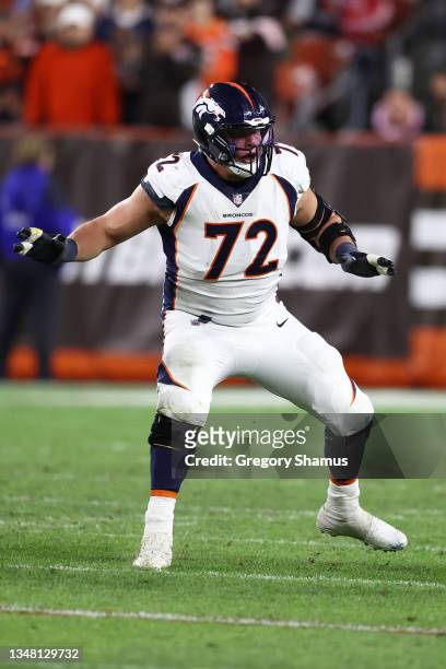 Garett Bolles of the Denver Broncos plays against the Cleveland Browns at FirstEnergy Stadium on October 21, 2021 in Cleveland, Ohio.