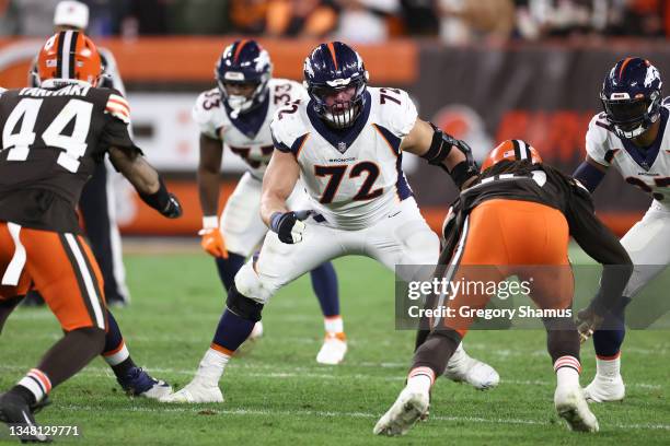 Garett Bolles of the Denver Broncos plays against the Cleveland Browns at FirstEnergy Stadium on October 21, 2021 in Cleveland, Ohio.