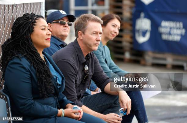 Actor Edward Norton and San Francisco Mayor London Breed look on during a news conference at Anchor Steam Brewing on October 22, 2021 in San...