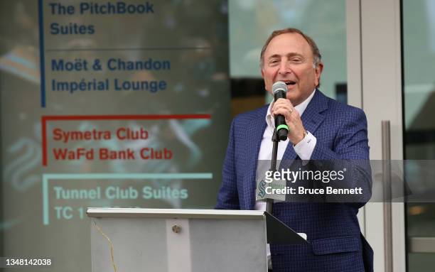 Commissioner Gary Bettman speaks at the ceremonial ribbon cutting prior to tomorrow's opening night for the NHL's newest hockey franchise the Seattle...