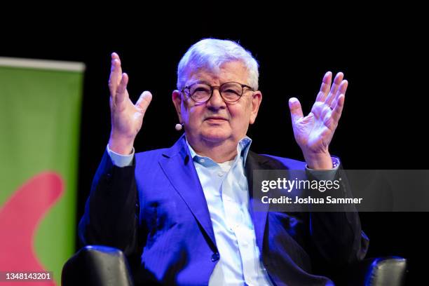 Joschka Fischer speaks during the lit.COLOGNE Special Edition 2021 at Theater am Tanzbrunnen on October 22, 2021 in Cologne, Germany.