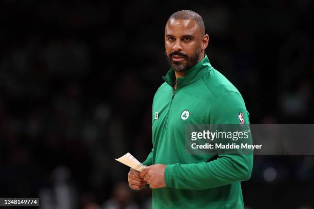 Boston Celtics head coach Ime Udoka directs his team during the Celtics home opener against the Toronto Raptors at TD Garden on October 22, 2021 in...