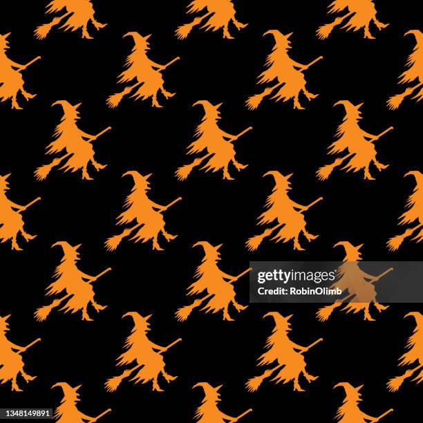 orange witch flying on broom seamless pattern - witch hat stock illustrations