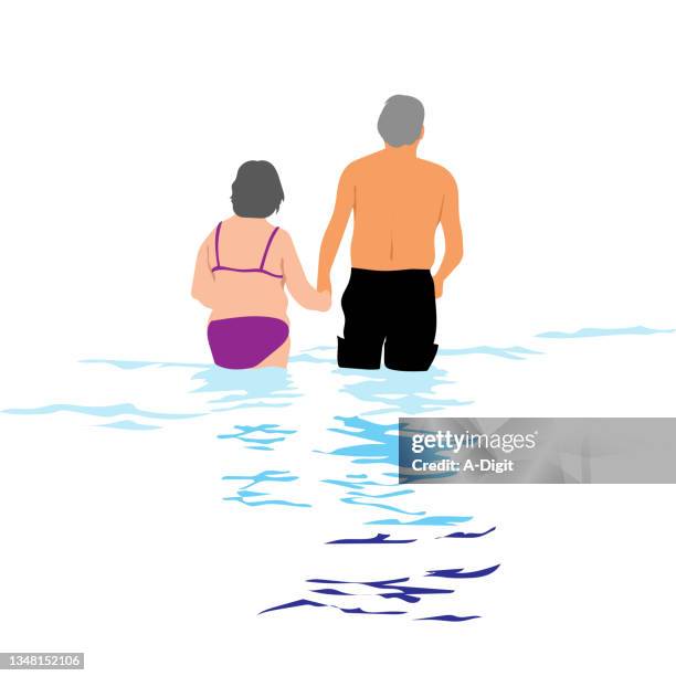 stockillustraties, clipart, cartoons en iconen met elderly couple lake swim black - zwemmen