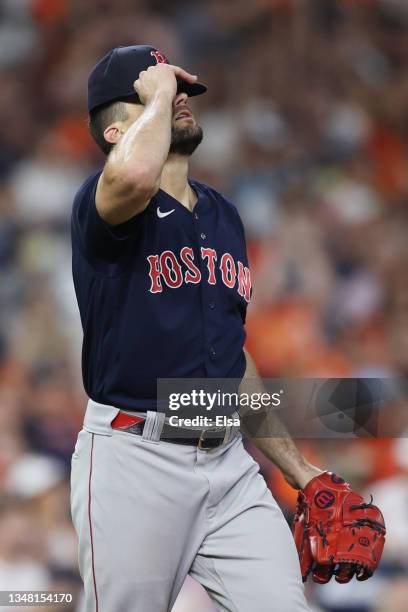 Nathan Eovaldi of the Boston Red Sox reacts after a double by Yordan Alvarez of the Houston Astros during the fourth inning in Game Six of the...