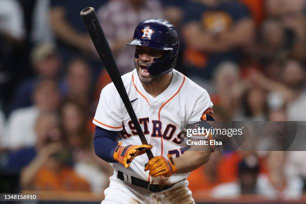 Jose Altuve of the Houston Astros reacts after striking out against the Boston Red Sox during the fifth inning in Game Six of the American League...