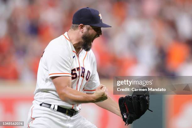 Kendall Graveman of the Houston Astros celebrates a double play against the Boston Red Sox during the seventh inning in Game Six of the American...