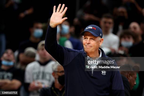 Former Celtics player Danny Ainge waves before the Celtics home opener against the Toronto Raptors at TD Garden on October 22, 2021 in Boston,...
