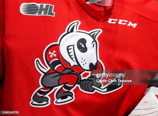 Close-up view of Joseph Costanzo of the Niagara IceDogs jersey during the second period against the Oshawa Generals at Tribute Communities Centre on...
