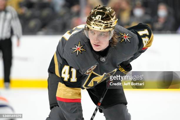 Nolan Patrick of the Vegas Golden Knights skates during the third period of a game against the Edmonton Oilers at T-Mobile Arena on October 22, 2021...
