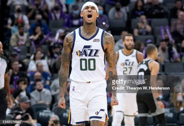 Jordan Clarkson of the Utah Jazz reacts after he made a three-point shot against the Sacramento Kings during the third quarter at Golden 1 Center on...