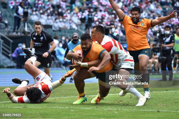 Taniela Tupou of Australia scores a try during the rugby international test between Japan and Australia at Showa Denko Dome on October 23, 2021 in...