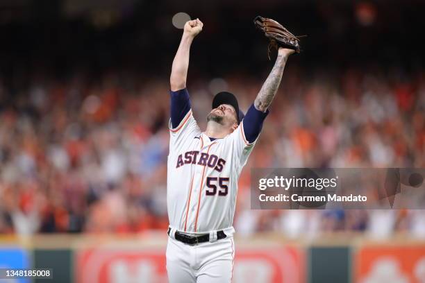 Ryan Pressly of the Houston Astros celebrates after the final out in the ninth inning as they defeat the Boston Red Sox 5-0 in Game Six of the...