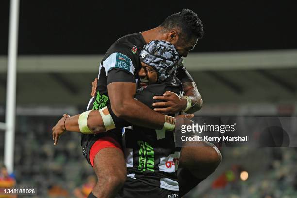Neria Fomai and Lolagi Visinia of Hawke's Bay celebrate a try during the round eight Bunnings NPC match between Hawke's Bay and Waikato at McLean...